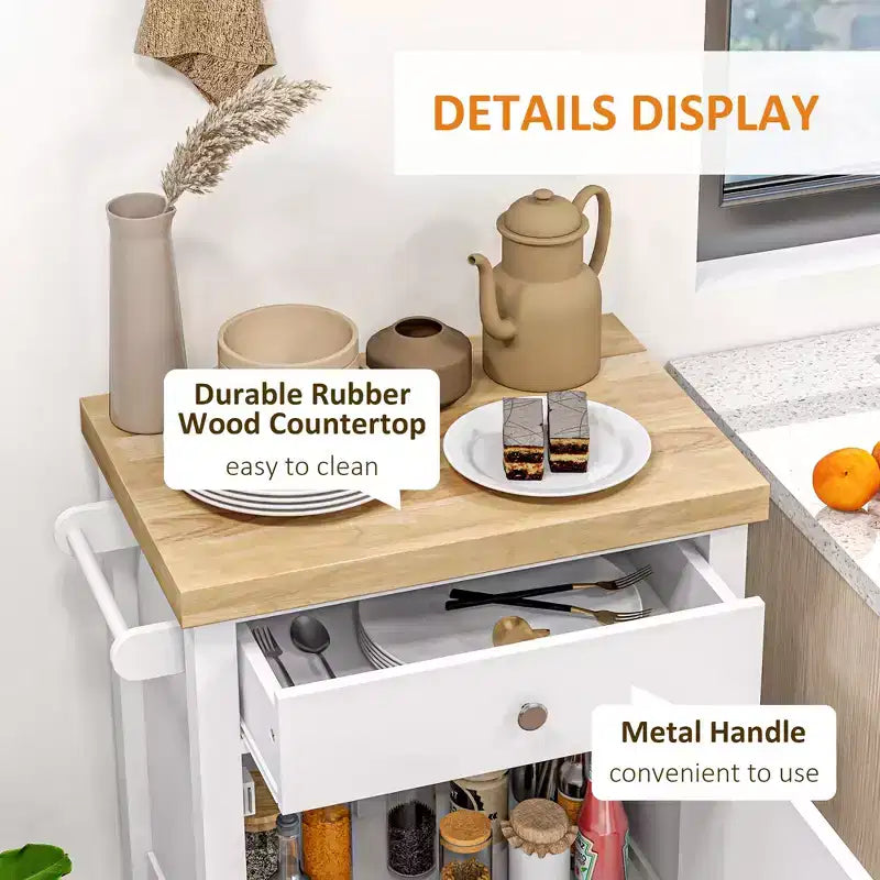 Kitchen Island on Wheels, Rolling Kitchen Cart with Rubberwood Top, Drawer, Wine Rack and Cabinet