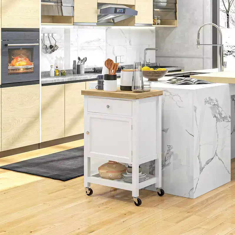 Kitchen Island on Wheels, Rolling Kitchen Cart with Rubberwood Top, Drawer, Wine Rack and Cabinet