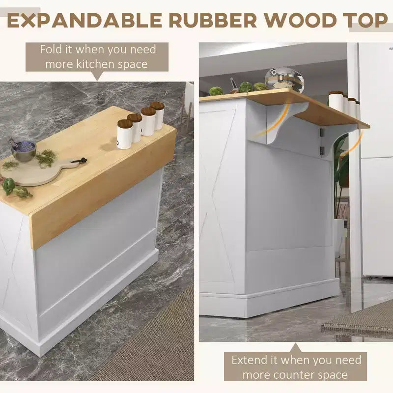 GDFStudio Ruple Folding Kitchen Island Cart with Extendable Rubberwood Countertop