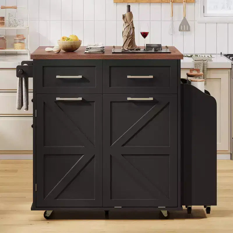PexFix 47.2 Farmhouse Kitchen Island with Drop Leaf Kitchen Storage Island with Removable Side Racks Two Drawers for Home Kitchen Dining Room Black