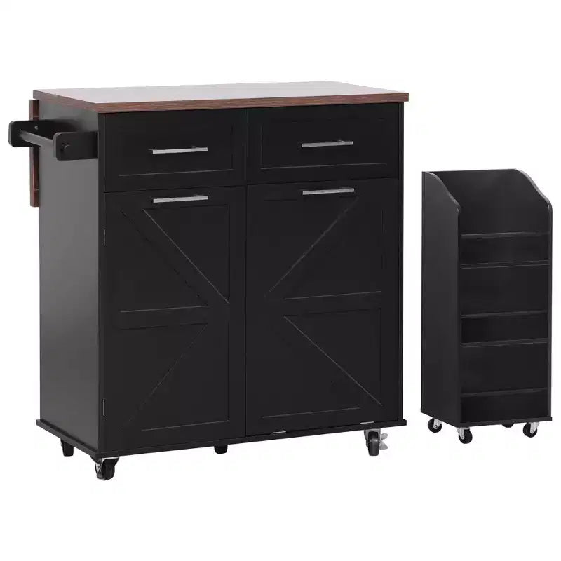 PexFix 47.2 Farmhouse Kitchen Island with Drop Leaf Kitchen Storage Island with Removable Side Racks Two Drawers for Home Kitchen Dining Room Black