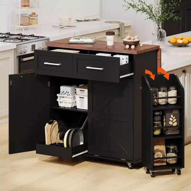 PexFix 47.2 Farmhouse Kitchen Island with Drop Leaf Kitchen Storage Island with Removable Side Racks Two Drawers for Home Kitchen Dining Room Black