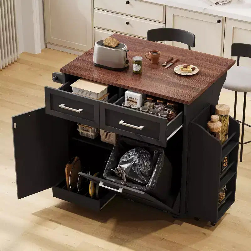 PexFix 47.2 Farmhouse Kitchen Island with Drop Leaf Kitchen Storage Island with Removable Side Racks Two Drawers for Home Kitchen Dining Room Black