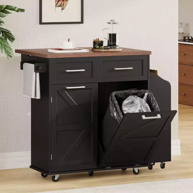 PexFix 47.2 Farmhouse Kitchen Island with Drop Leaf Kitchen Storage Island with Removable Side Racks Two Drawers for Home Kitchen Dining Room Black