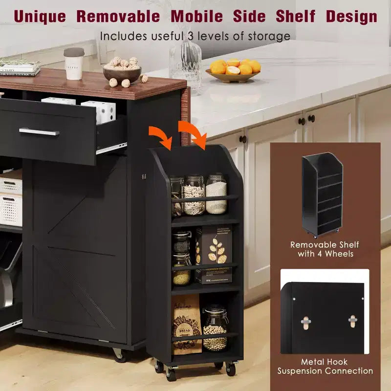 PexFix 47.2 Farmhouse Kitchen Island with Drop Leaf Kitchen Storage Island with Removable Side Racks Two Drawers for Home Kitchen Dining Room Black