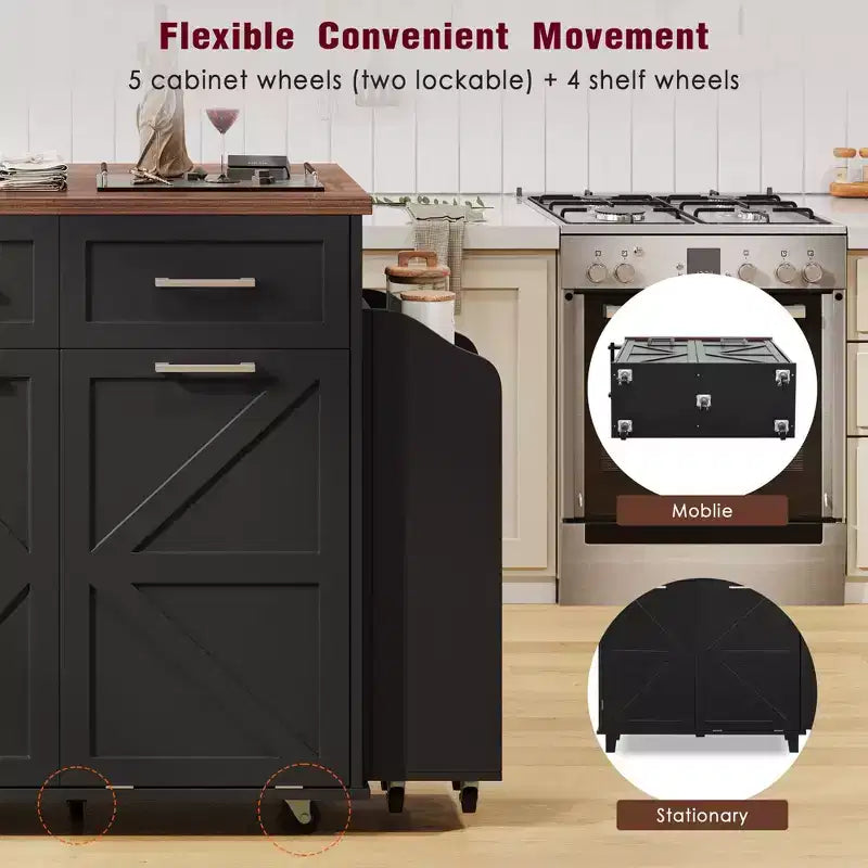 PexFix 47.2 Farmhouse Kitchen Island with Drop Leaf Kitchen Storage Island with Removable Side Racks Two Drawers for Home Kitchen Dining Room Black