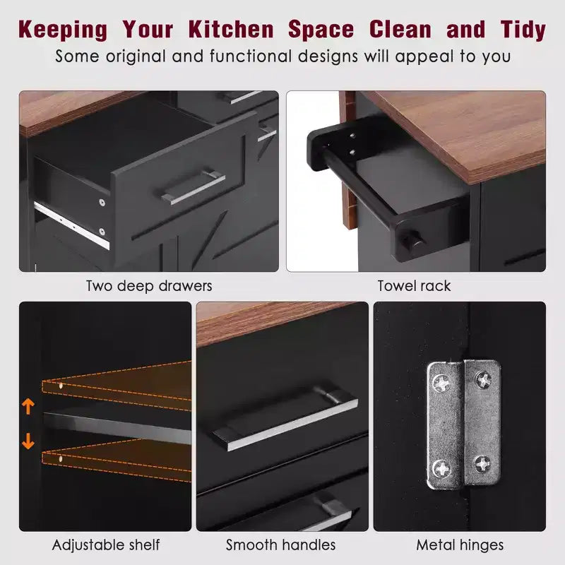 PexFix 47.2 Farmhouse Kitchen Island with Drop Leaf Kitchen Storage Island with Removable Side Racks Two Drawers for Home Kitchen Dining Room Black