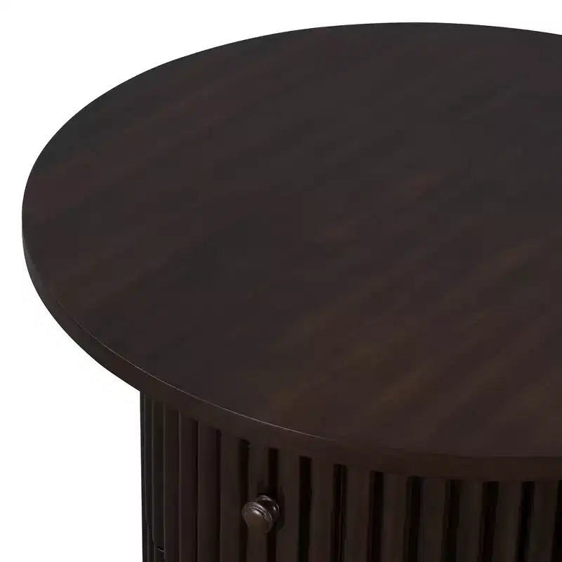 Wood Round Coffee Table Fluted, Coffee Table with Storage Drawer, Small End Table for Living Room