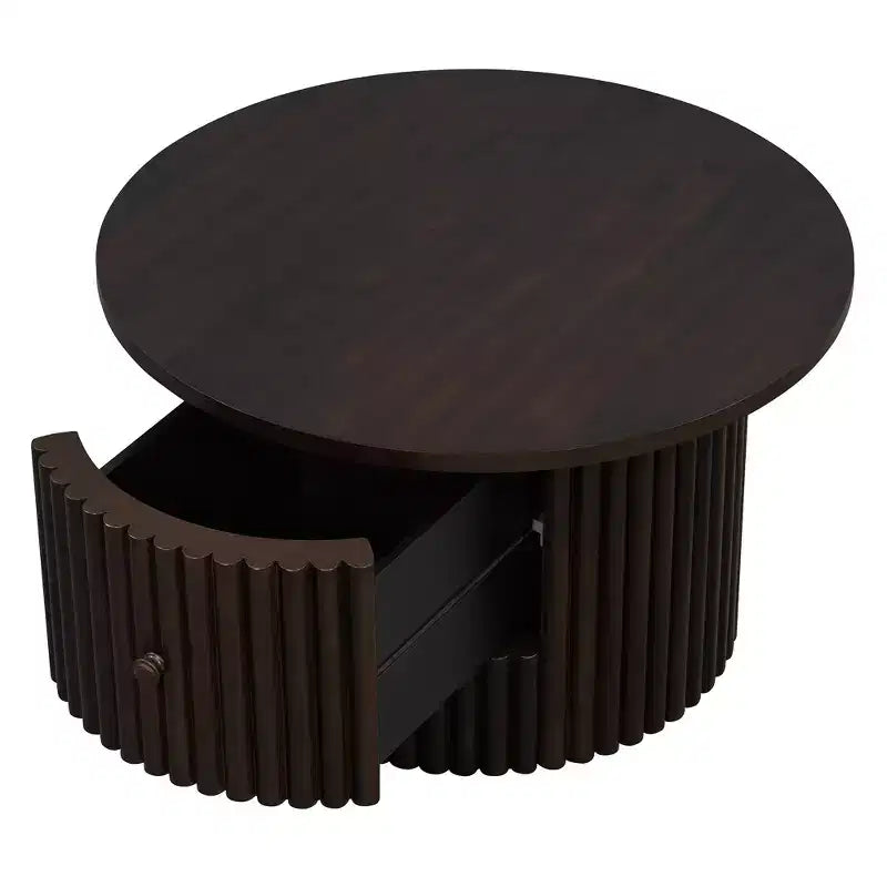 Wood Round Coffee Table Fluted, Coffee Table with Storage Drawer, Small End Table for Living Room
