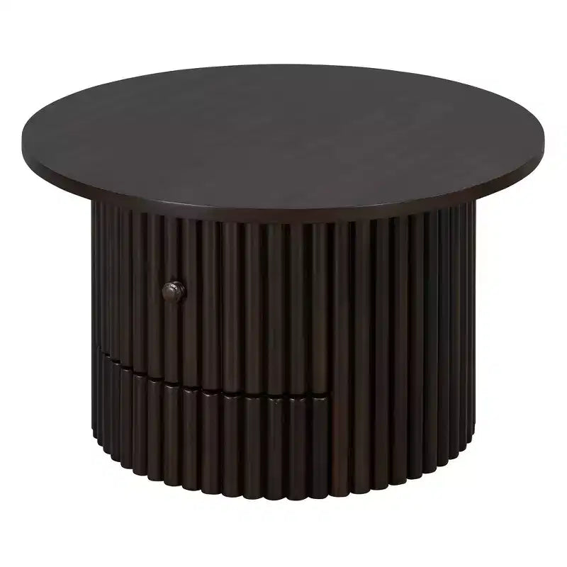 Wood Round Coffee Table Fluted, Coffee Table with Storage Drawer, Small End Table for Living Room