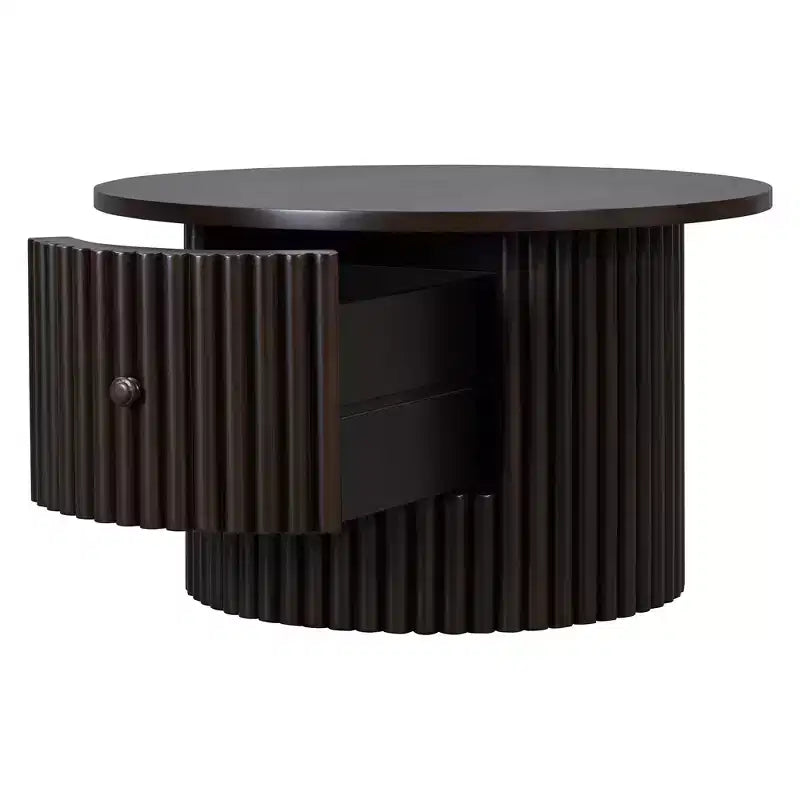 Wood Round Coffee Table Fluted, Coffee Table with Storage Drawer, Small End Table for Living Room