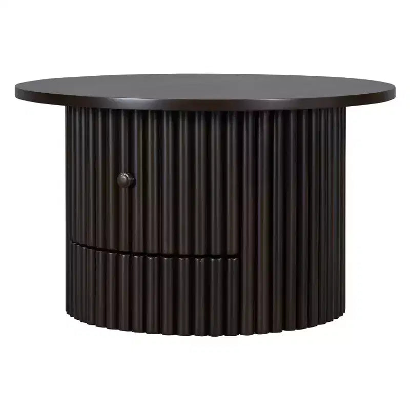 Wood Round Coffee Table Fluted, Coffee Table with Storage Drawer, Small End Table for Living Room