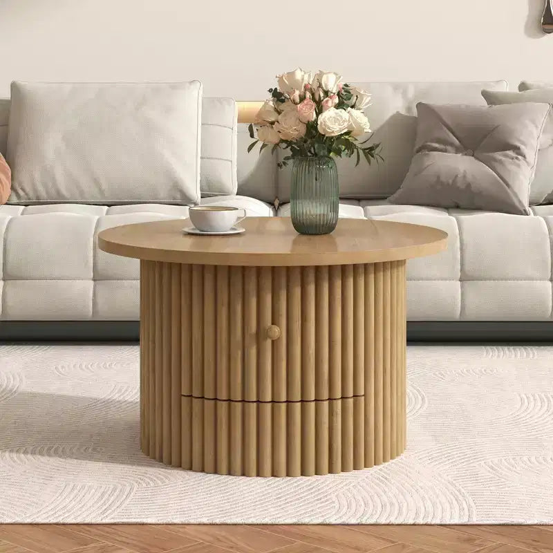 Wood Round Coffee Table Fluted, Coffee Table with Storage Drawer, Small End Table for Living Room