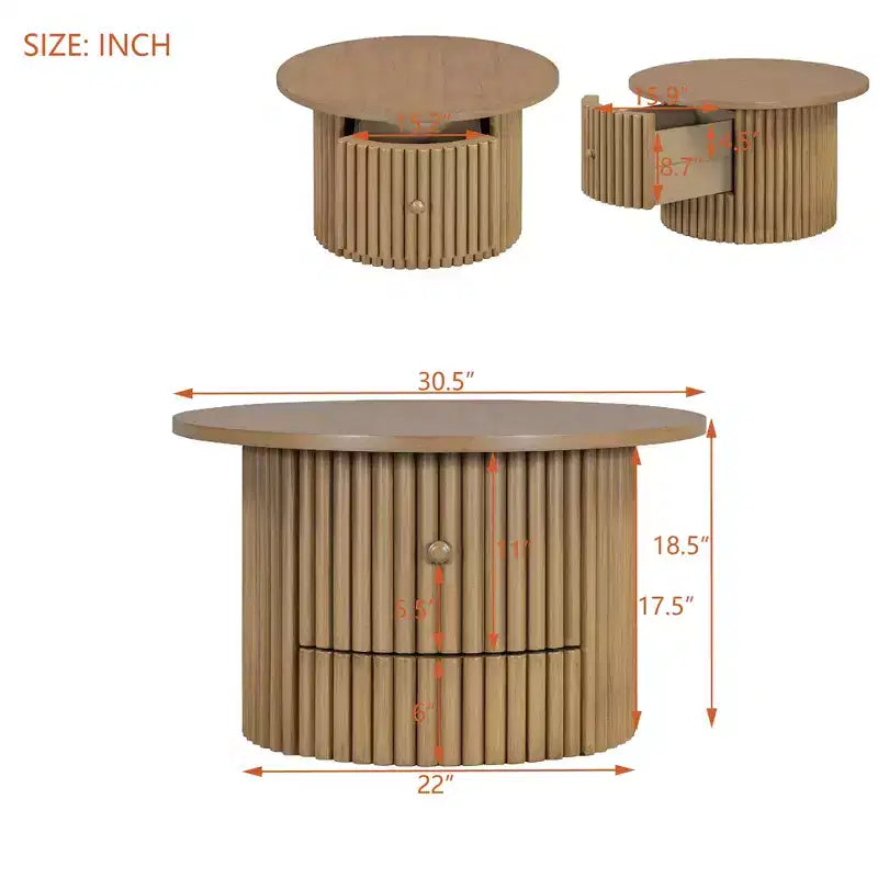 Wood Round Coffee Table Fluted, Coffee Table with Storage Drawer, Small End Table for Living Room