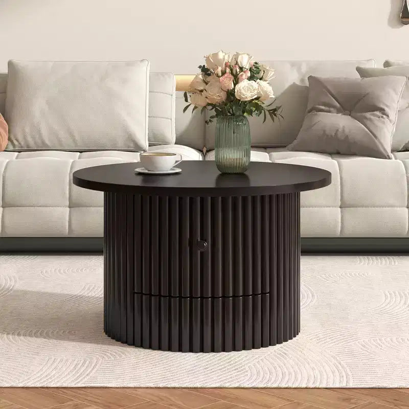 Wood Round Coffee Table Fluted, Coffee Table with Storage Drawer, Small End Table for Living Room