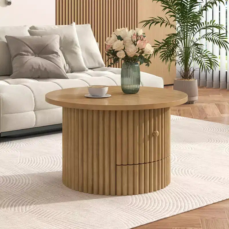 Wood Round Coffee Table Fluted, Coffee Table with Storage Drawer, Small End Table for Living Room