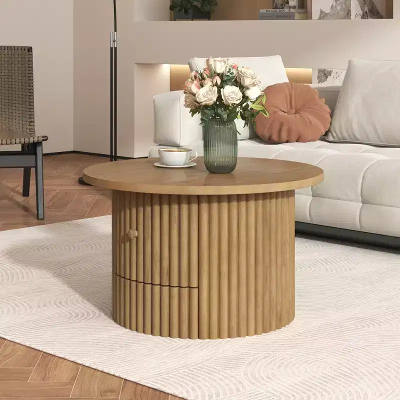 Wood Round Coffee Table Fluted, Coffee Table with Storage Drawer, Small End Table for Living Room