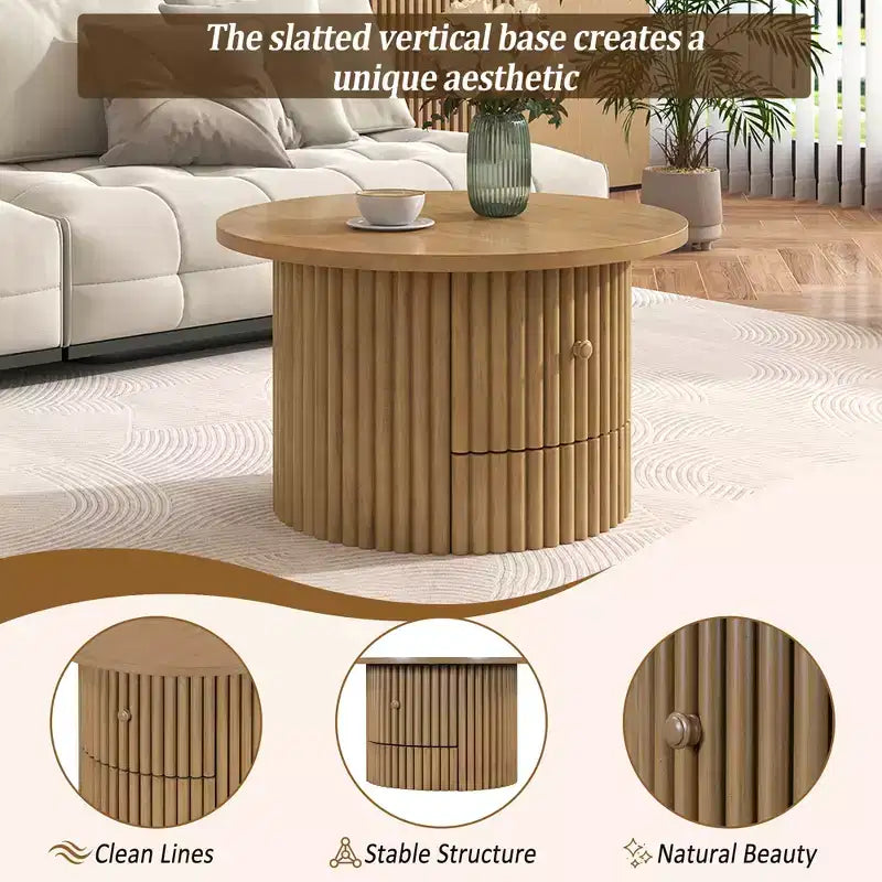 Wood Round Coffee Table Fluted, Coffee Table with Storage Drawer, Small End Table for Living Room