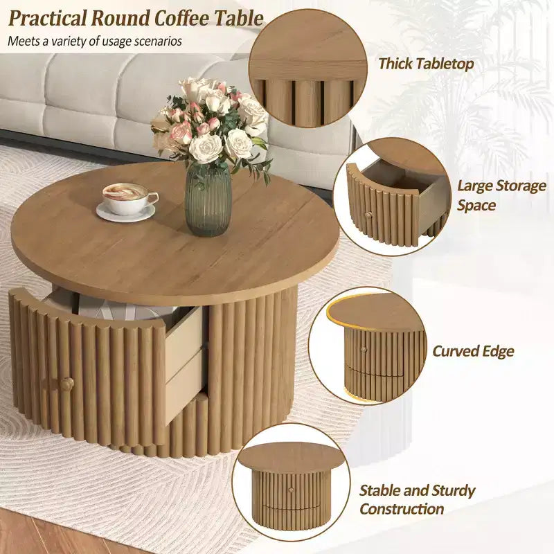 Wood Round Coffee Table Fluted, Coffee Table with Storage Drawer, Small End Table for Living Room