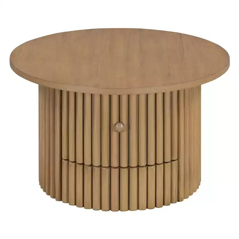 Wood Round Coffee Table Fluted, Coffee Table with Storage Drawer, Small End Table for Living Room