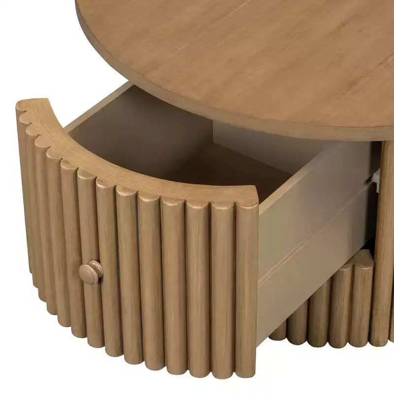 Wood Round Coffee Table Fluted, Coffee Table with Storage Drawer, Small End Table for Living Room
