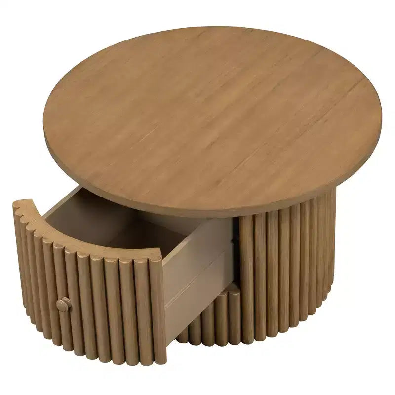 Wood Round Coffee Table Fluted, Coffee Table with Storage Drawer, Small End Table for Living Room