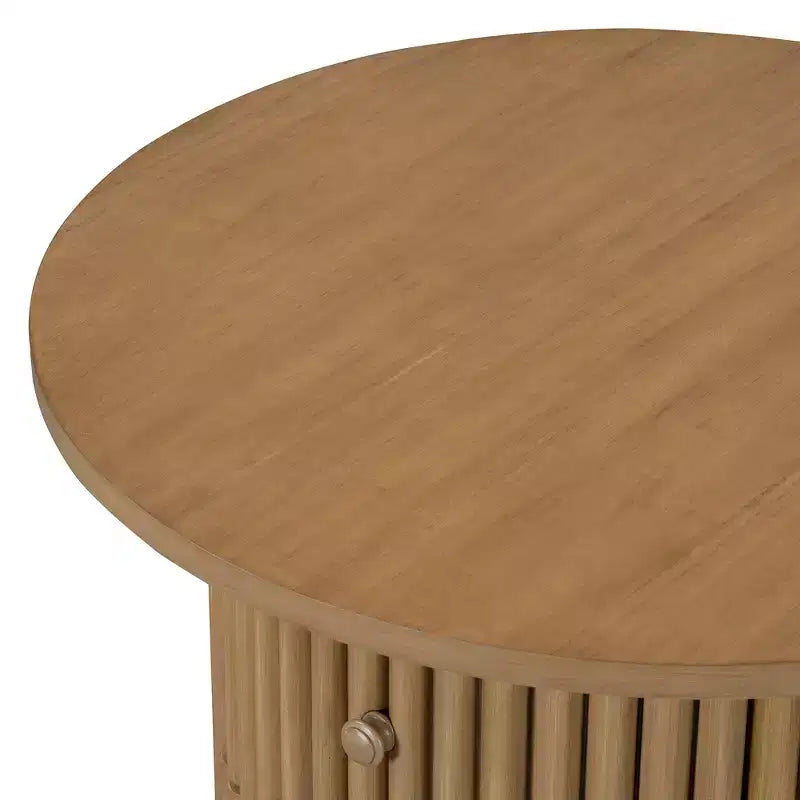 Wood Round Coffee Table Fluted, Coffee Table with Storage Drawer, Small End Table for Living Room