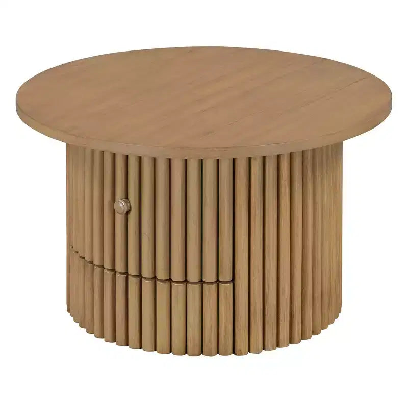 Wood Round Coffee Table Fluted, Coffee Table with Storage Drawer, Small End Table for Living Room