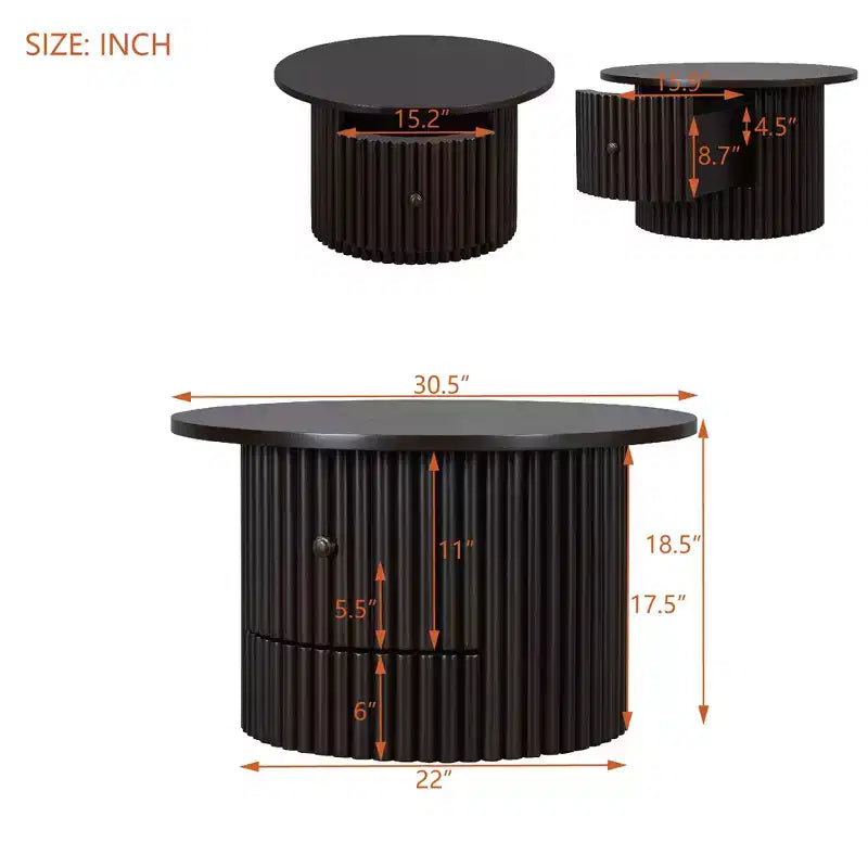 Wood Round Coffee Table Fluted, Coffee Table with Storage Drawer, Small End Table for Living Room