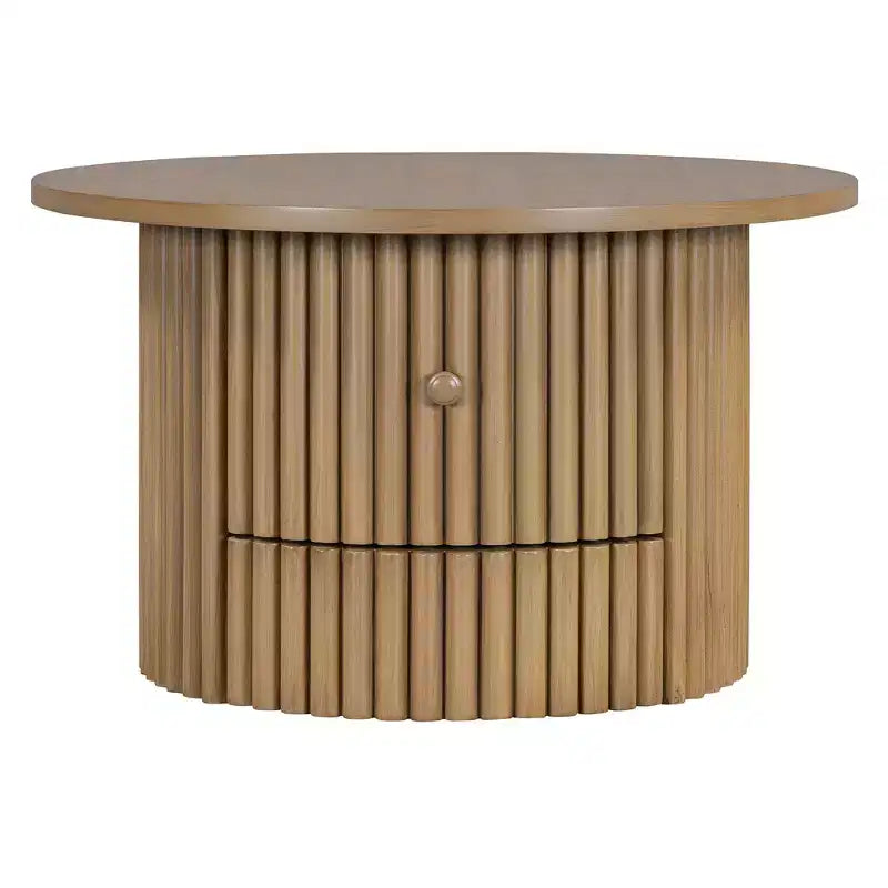 Wood Round Coffee Table Fluted, Coffee Table with Storage Drawer, Small End Table for Living Room