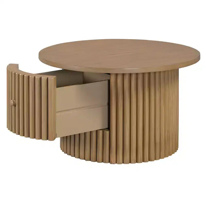 Wood Round Coffee Table Fluted, Coffee Table with Storage Drawer, Small End Table for Living Room