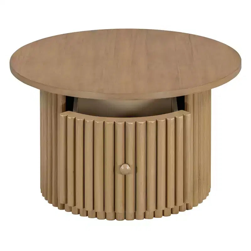 Wood Round Coffee Table Fluted, Coffee Table with Storage Drawer, Small End Table for Living Room