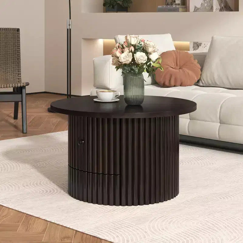 Wood Round Coffee Table Fluted, Coffee Table with Storage Drawer, Small End Table for Living Room