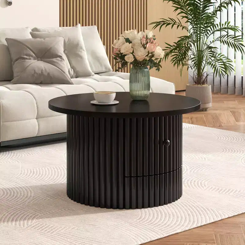 Wood Round Coffee Table Fluted, Coffee Table with Storage Drawer, Small End Table for Living Room