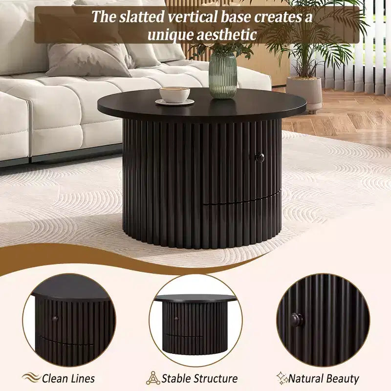 Wood Round Coffee Table Fluted, Coffee Table with Storage Drawer, Small End Table for Living Room