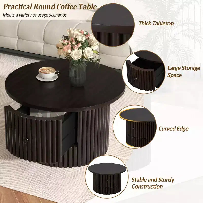Wood Round Coffee Table Fluted, Coffee Table with Storage Drawer, Small End Table for Living Room