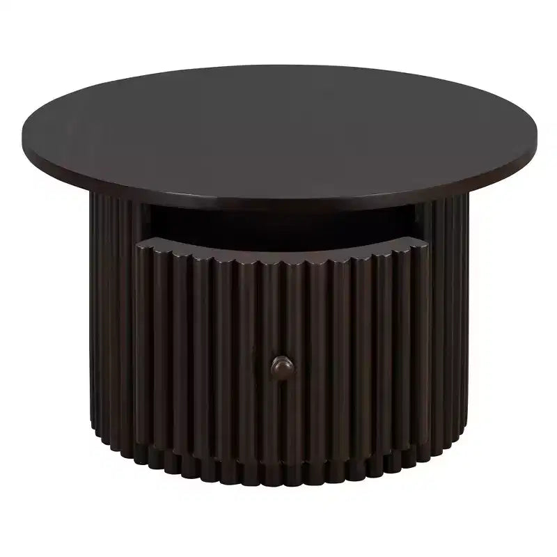 Wood Round Coffee Table Fluted, Coffee Table with Storage Drawer, Small End Table for Living Room