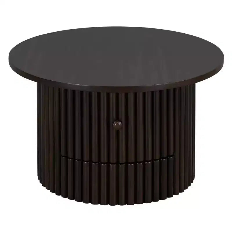 Wood Round Coffee Table Fluted, Coffee Table with Storage Drawer, Small End Table for Living Room