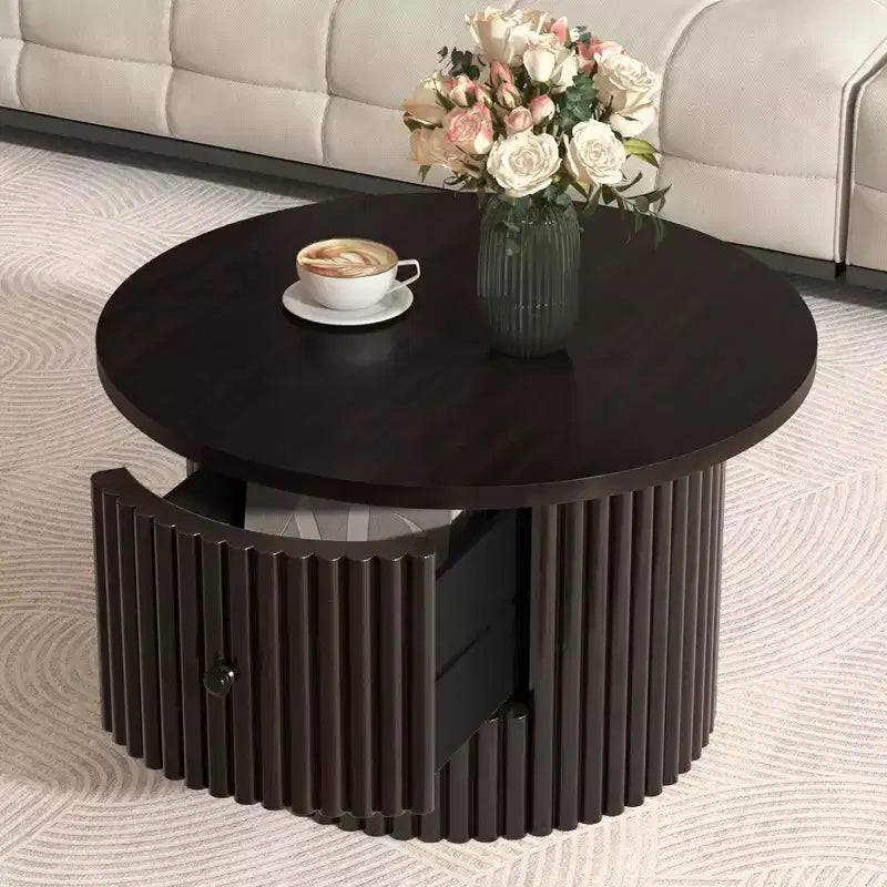 Wood Round Coffee Table Fluted, Coffee Table with Storage Drawer, Small End Table for Living Room