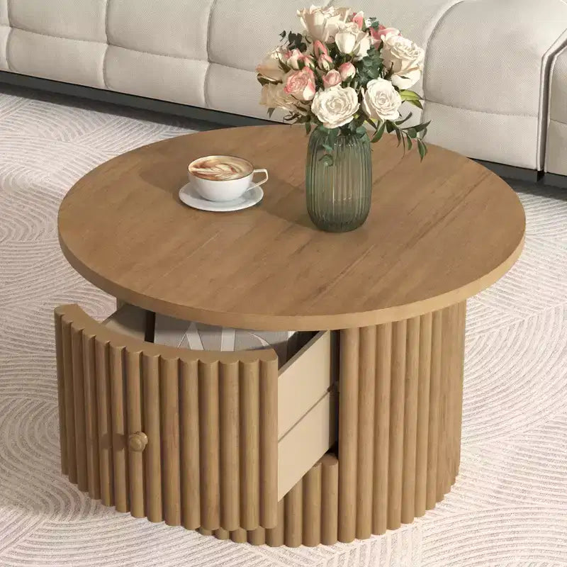 Wood Round Coffee Table Fluted, Coffee Table with Storage Drawer, Small End Table for Living Room