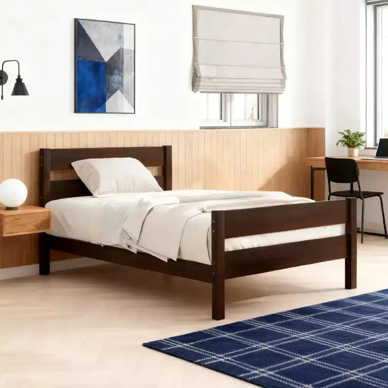 Luxystar Twin Rubber Wood Bed with Headboard and Footboard for Guest Room and Apartment