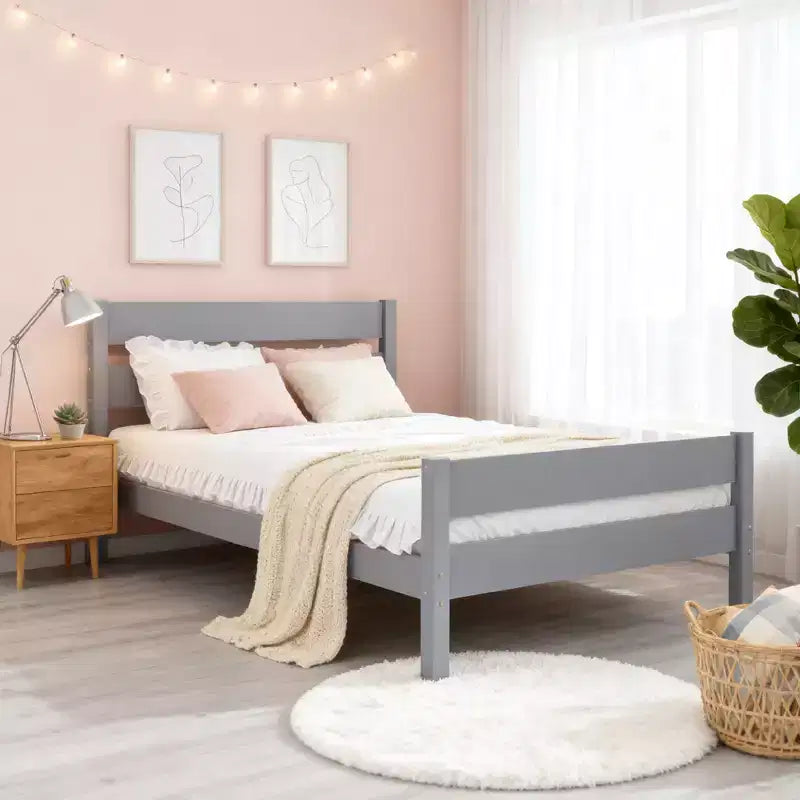 Luxystar Twin Rubber Wood Bed with Headboard and Footboard for Guest Room and Apartment