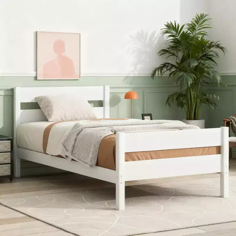 Luxystar Twin Rubber Wood Bed with Headboard and Footboard for Guest Room and Apartment