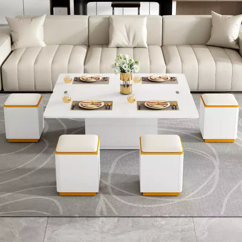 Lift-Top Coffee Table with Hidden Storage and Stools, Multi-Functional Center Table with Foldable Top for Living Room, Small Spaces - Panipeachy