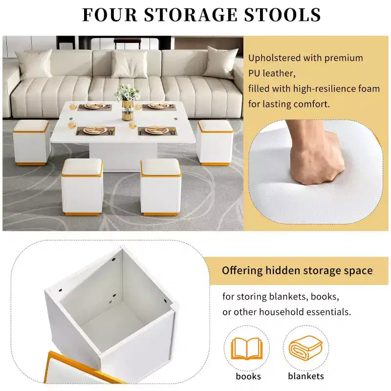 Lift-Top Coffee Table with Hidden Storage and Stools, Multi-Functional Center Table with Foldable Top for Living Room, Small Spaces - Panipeachy