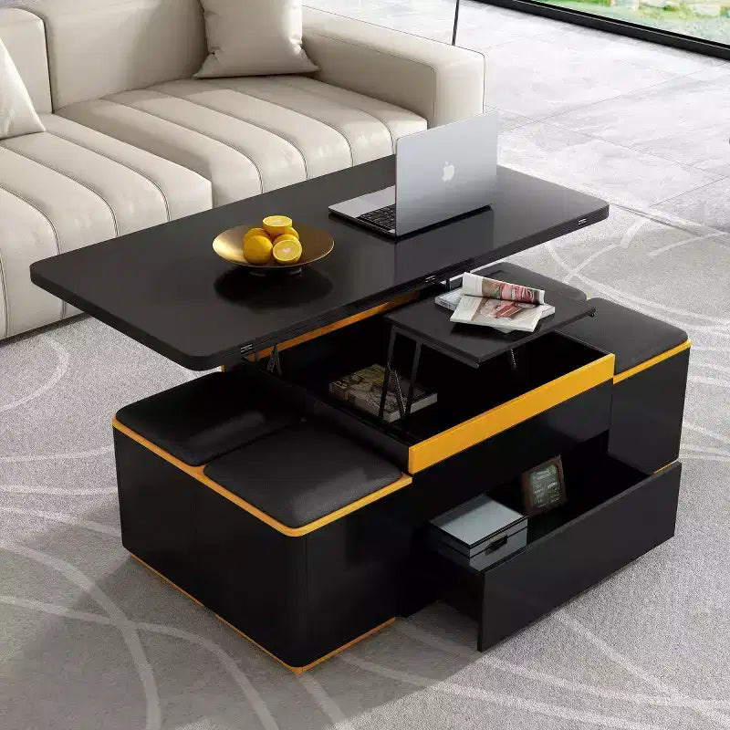 Lift-Top Coffee Table with Hidden Storage and Stools, Multi-Functional Center Table with Foldable Top for Living Room, Small Spaces - Panipeachy
