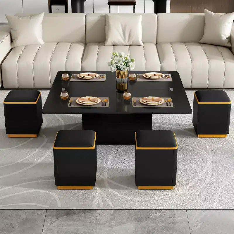 Lift-Top Coffee Table with Hidden Storage and Stools, Multi-Functional Center Table with Foldable Top for Living Room, Small Spaces - Panipeachy