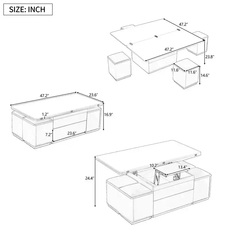 Lift-Top Coffee Table with Hidden Storage and Stools, Multi-Functional Center Table with Foldable Top for Living Room, Small Spaces - Panipeachy