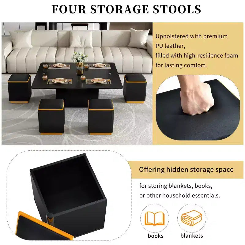 Lift-Top Coffee Table with Hidden Storage and Stools, Multi-Functional Center Table with Foldable Top for Living Room, Small Spaces - Panipeachy