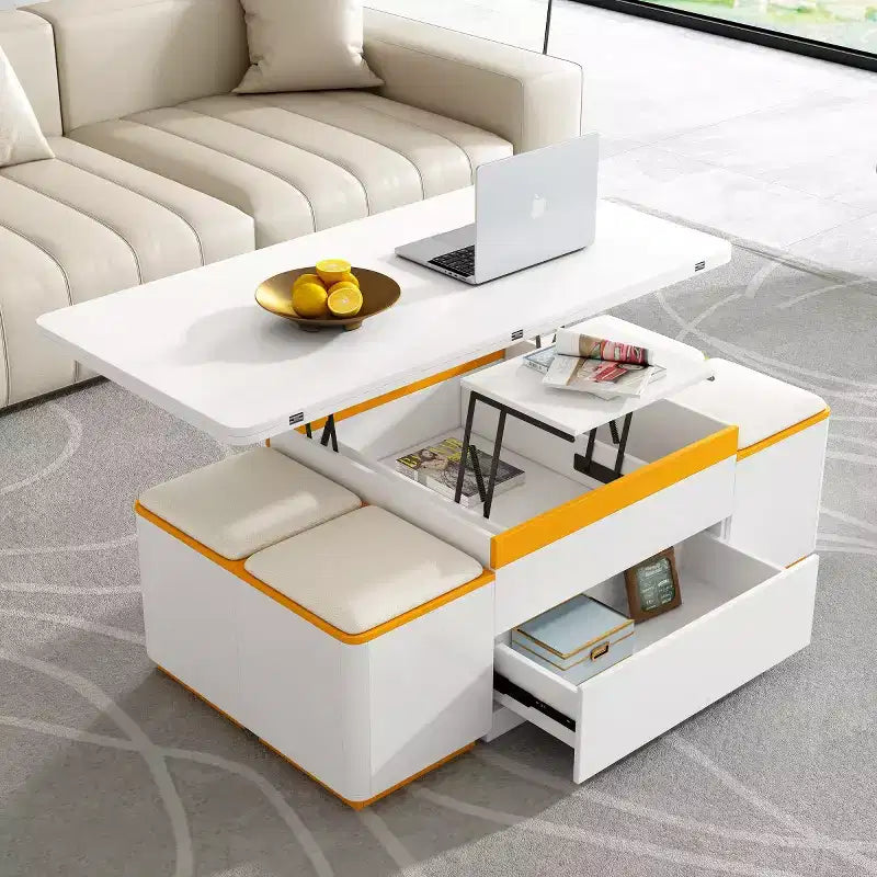 Lift-Top Coffee Table with Hidden Storage and Stools, Multi-Functional Center Table with Foldable Top for Living Room, Small Spaces - Panipeachy